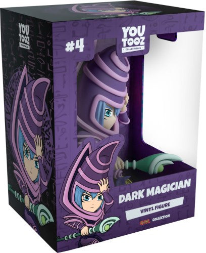 5-inch Youtooz Dark Magician figurine kneeling with staff, featuring purple robe, blue hair, and intricate details.