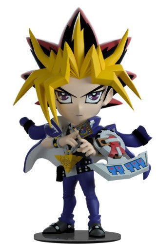 Yami Yugi vinyl figurine showcasing his signature hair, duel disk, and Dark Magician card, perfect for collectors.