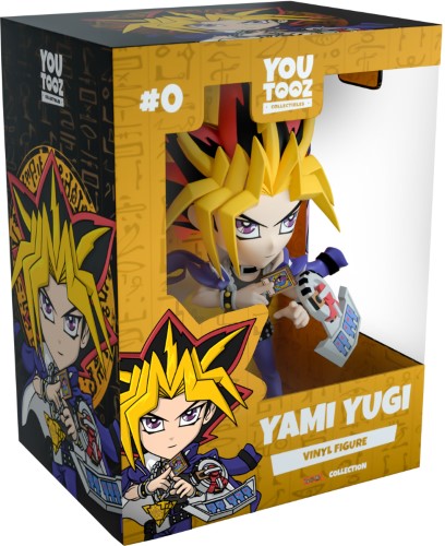 Youtooz Yami Yugi vinyl figurine with spiked hair, duel disk, and Dark Magician card, perfect for collectors and fans.