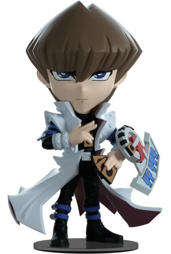 Youtooz Seto Kaiba vinyl figurine stands 5 inches tall, gripping 3 Blue-Eyes cards in his striking white coat and serious expression.