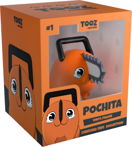 Youtooz Vinyl Figurine of Pochita from Chainsaw Man, 2.6 inches tall, features a sorrowful expression and a grey chainsaw.