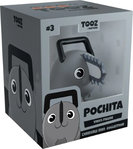 Youtooz Chainsaw Man Pochita vinyl figurine in black and white, featuring a joyful design with chainsaw and playful details.