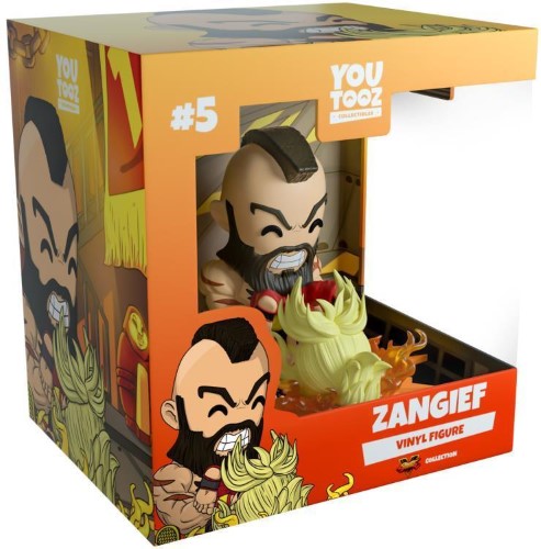 Youtooz Zangief Vinyl Figurine capturing his fierce slam move, showcasing intricate details and a fiery arena backdrop.