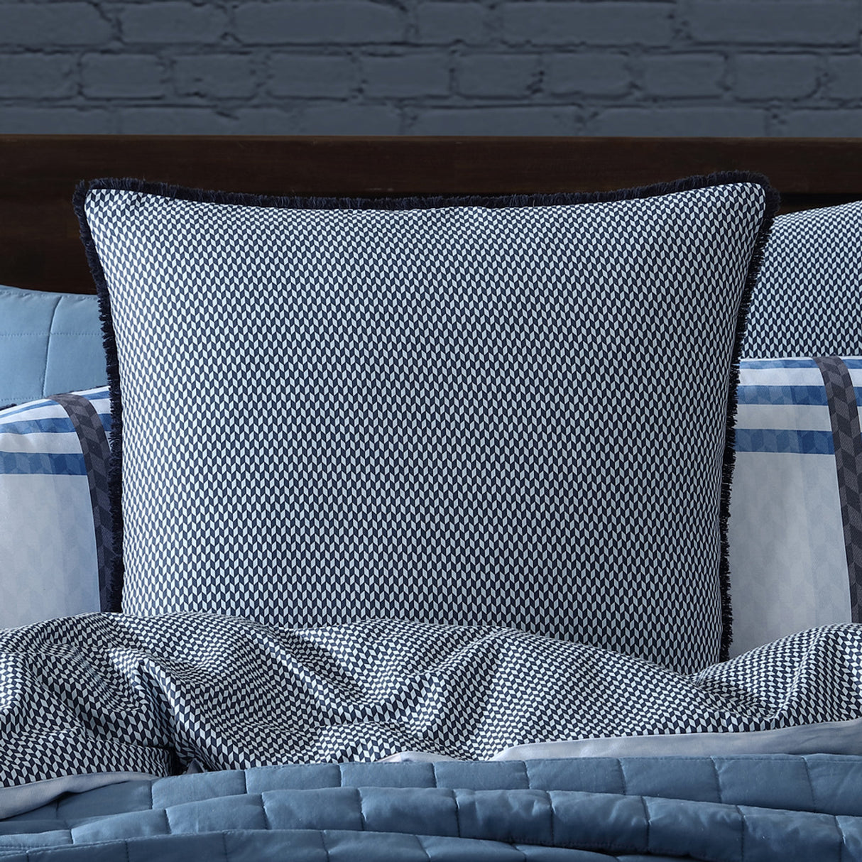 Yarmouth Blue European Pillowcase with fray edge trim and micro geo pattern, crafted from soft 100% cotton sateen.