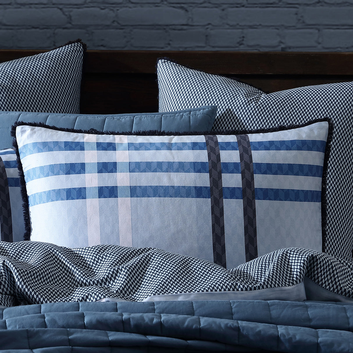 Yarmouth Blue King Bed Duvet Cover Set featuring modern tartan pattern, 100% cotton sateen, and unique fray edge trim.