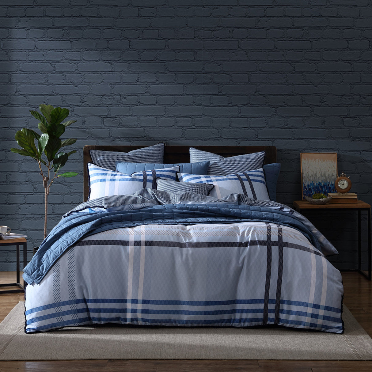 Yarmouth Blue King Duvet Cover Set featuring an oversized tartan pattern, 100% cotton sateen with fray edge trim.