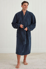 Kimono-style bathrobe in carbon color, made from 100% OEKO-TEX® cotton with pockets and waist tie for comfort at home.