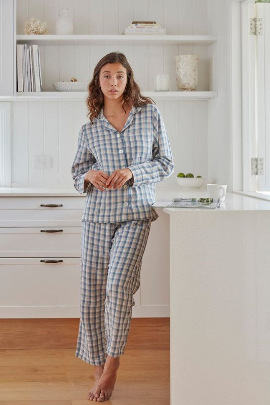 Classic plaid PJ set by Baksana, featuring a long sleeve top and elasticated pants, made from 100% OEKO-TEX® certified cotton.