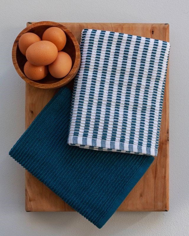 Ribbed tea towel set in midnight blue, featuring striped and plain designs, made from absorbent OEKO-TEX® cotton.