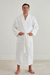 White hotel velour bathrobe with shawl collar, pockets, and waist tie, made from OEKO-TEX® certified cotton.