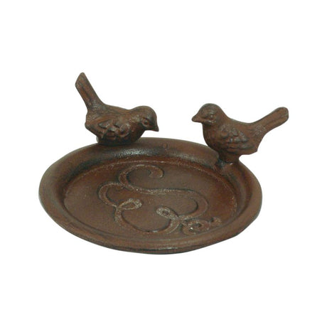 Cast iron pot saucer with whimsical bird design, perfect for 14cm pots, provides drainage and adds decorative charm.