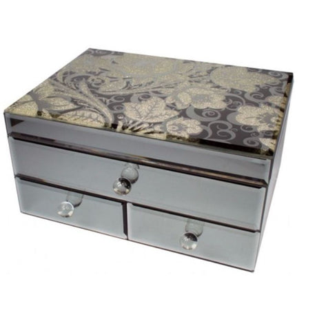 Large jewellery box with mirror pattern, felt-lined compartments, ring storage, and two drawers for organized storage.