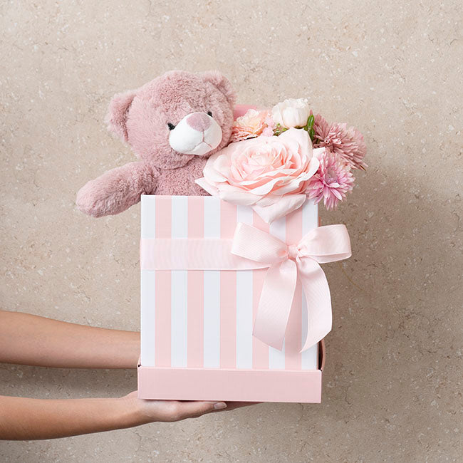 Gift Box with Lid Tall Stripes Pink and White (22x22x25cmH)