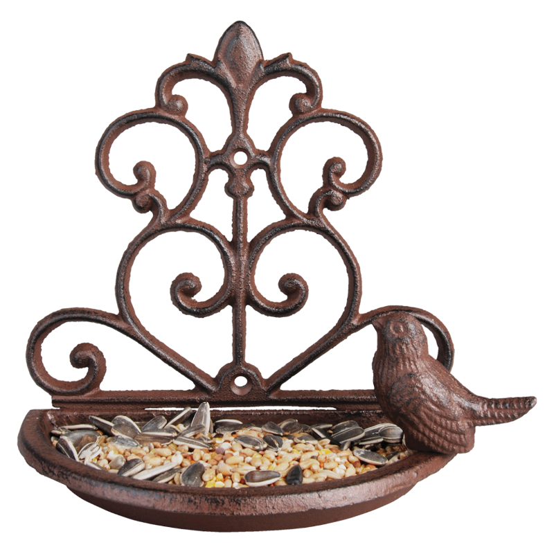 Decorative cast iron wall bird feeder, 18 x 10 x 19cm, features open access for birds and easy wall mounting.