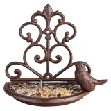 Decorative cast iron wall bird feeder, 18 x 10 x 19cm, features open access for birds and easy wall mounting.