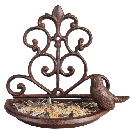 Decorative cast iron wall bird feeder, 18 x 10 x 19cm, features open access for birds and easy wall mounting.