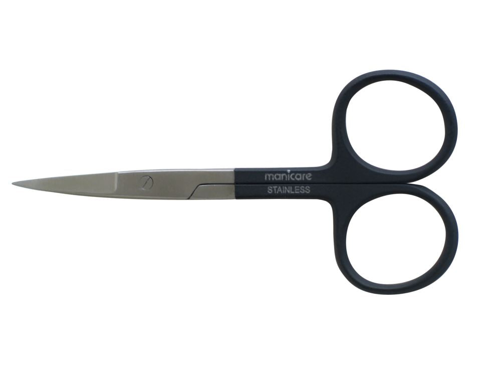 Curved stainless steel cuticle scissors with ergonomic handles for precise trimming and durable satin finish.