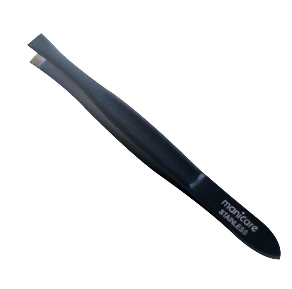 Manicare Flat Tweezers in stainless steel, designed for precision grooming with a matte-coated grip for control.