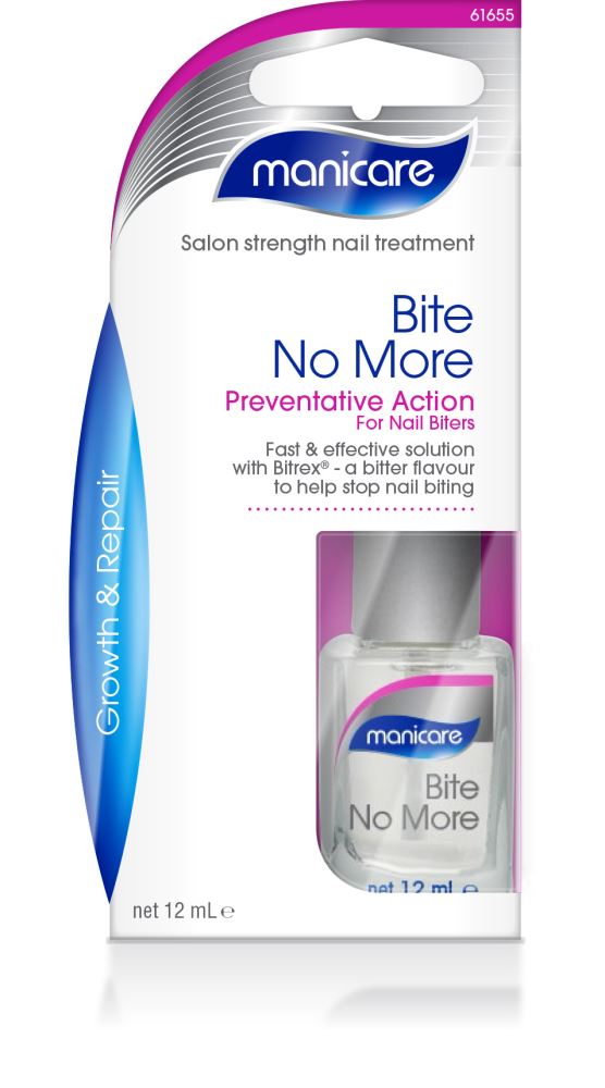 Manicare Bite No More: Clear formula with Bitrex to deter nail biting, promotes healthy nail growth, and safe for kids 3+.