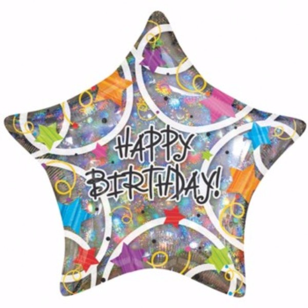 Holographic foil balloon shaped like stars, perfect for vibrant birthday celebrations and decorations, self-sealing, 90cm.