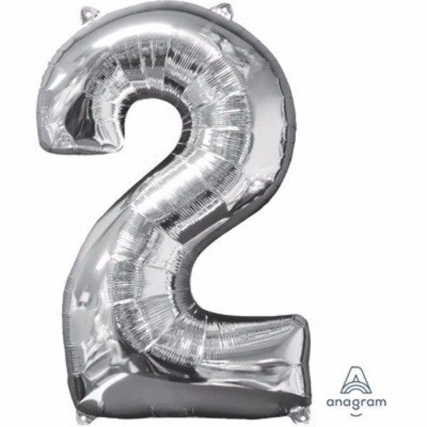 Mid-sized silver 66cm foil balloon shaped like the number two, perfect for celebrations and easy to inflate.