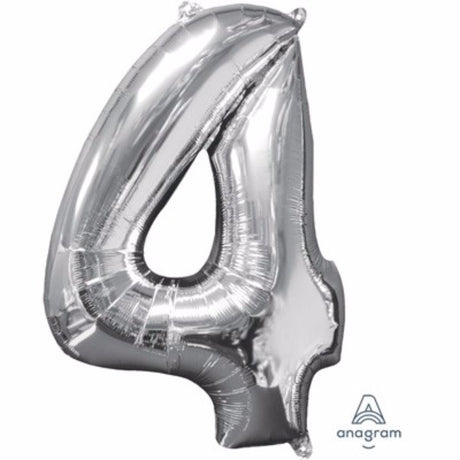 Silver "4" foil balloon, 66cm, perfect for parties, self-sealing, can be air or helium filled, adds elegance to celebrations.