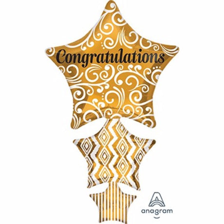 Dazzling 107cm x 63cm foil star stacker balloon, perfect for celebrations like graduations and birthdays, self-sealing and helium-ready.