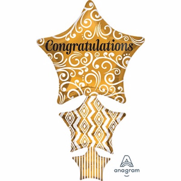 Dazzling 107cm x 63cm foil star stacker balloon, perfect for celebrations like graduations and birthdays, self-sealing and helium-ready.