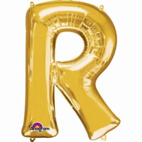 Letter R Gold Megaloon balloon in shiny gold, 40cm, perfect for celebrations, easy self-inflation with included straw.