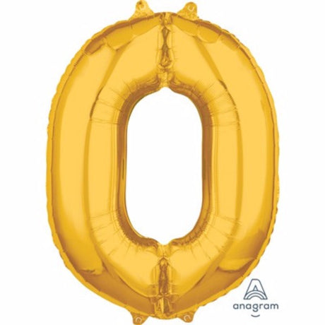 Gold 66cm foil balloon shaped like the number zero, perfect for stylish celebrations and easy to fill with air or helium.