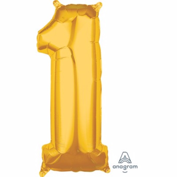 Gold number one foil balloon, 66cm, suitable for air or helium, perfect for celebrations and events.