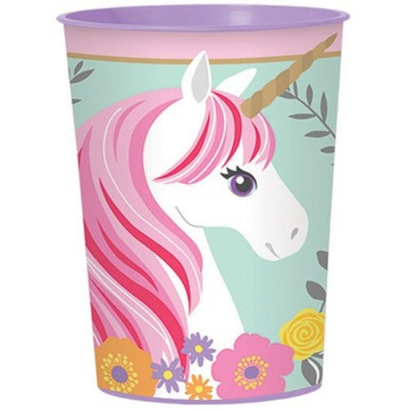 Colorful plastic cup featuring an adorable unicorn graphic, perfect for drinks or as a whimsical collectible.