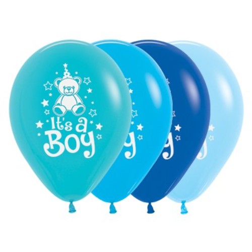 30cm teddy bear balloons in Caribbean, Royal, and Pastel Blue for baby showers and celebrations, pack of 25.