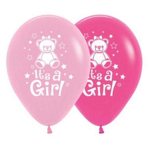 Pack of 6 30cm It's A Girl Teddy balloons in bubblegum pink and fuchsia, perfect for baby showers and gender reveals.