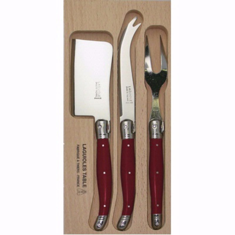 Elegant dark red cheese knife set with stainless steel blades and resin handles, perfect for serving and presenting cheeses.