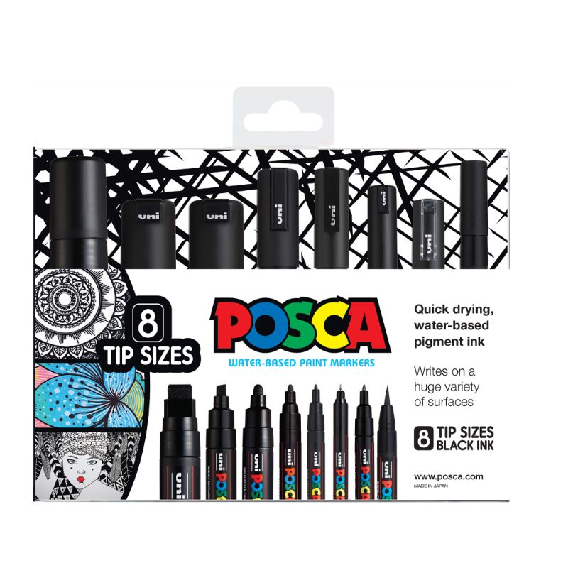 Uni Posca Marker Black Set of 8, featuring various tip sizes for versatile creative projects on multiple surfaces.