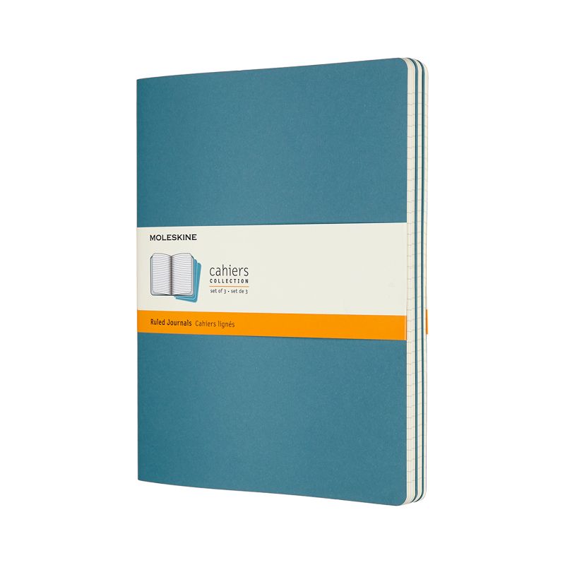 Moleskine Cahier Journal XL in Brisk Blue, pack of 3, featuring ruled pages and a soft cover for writers and creatives.