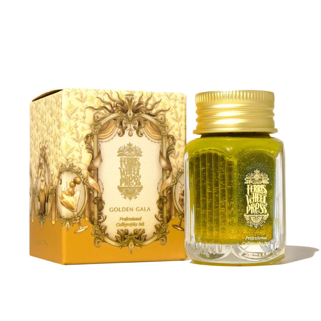 Luxurious 28ml bottle of deep gold calligraphy ink with shimmering finish, perfect for elegant invitations and personal notes.