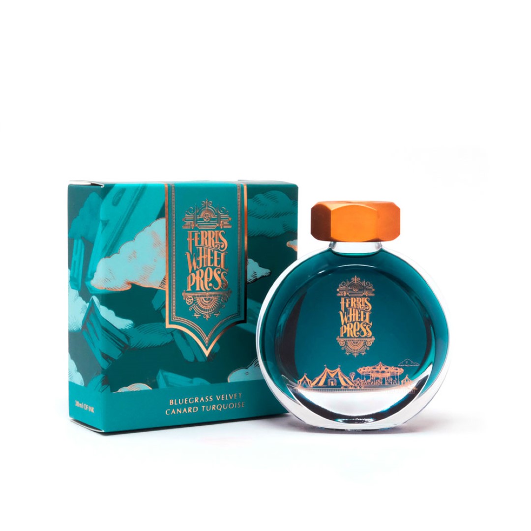 Elegant 38ml bottle of Bluegrass Velvet fountain pen ink, featuring a rich blue color and signature brass cap.