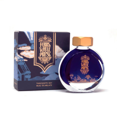 Ferris Wheel Press Tanzanite Sky fountain pen ink in a 38ml bottle, featuring rich tones and a stunning jewelry-inspired design.