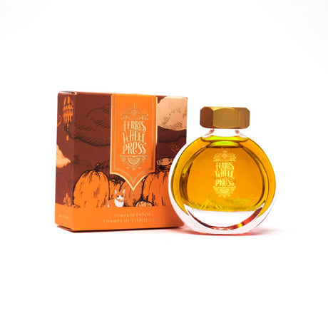 Pumpkin Patch fountain pen ink in a 38ml decorative bottle, featuring rich orange tones for vibrant, creative writing.