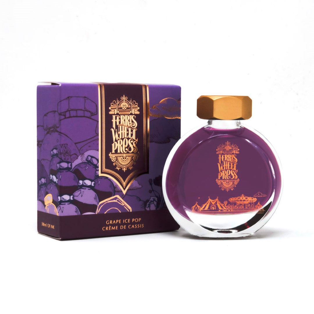 Vibrant 38ml bottle of Ferris Wheel Press Grape Ice Pop fountain pen ink with brass cap, ideal for creative writing and calligraphy.