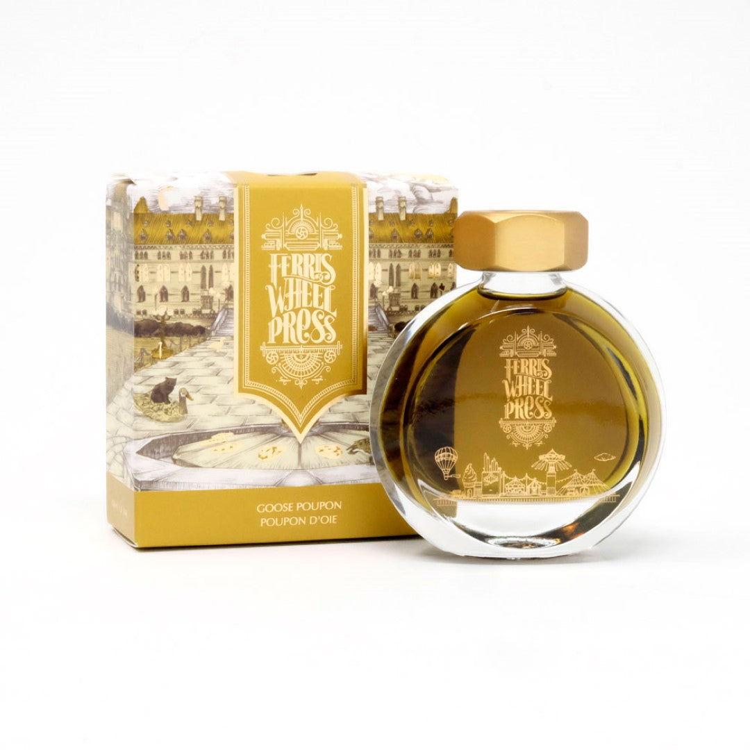 Ferris Wheel Press Goose Poupon fountain pen ink, 38ml, in rich golden-yellow with a decorative brass cap.