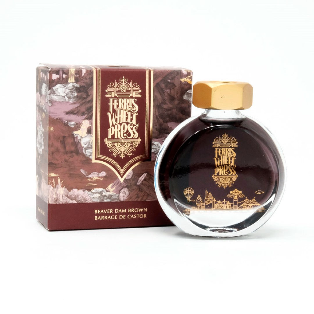 Ferris Wheel Press Beaver Dam Brown fountain pen ink in a 38ml bottle, featuring a stylish brass cap and rich, warm tones.