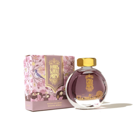 Ferris Wheel Press Madam Mulberry fountain pen ink in a 38ml collectible bottle with a brass cap for vibrant, smooth writing.