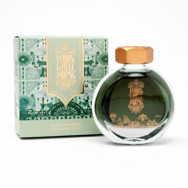 Ferris Wheel Press 38ml fountain pen ink in Moss Park Green, featuring a deep green hue and elegant brass cap design.