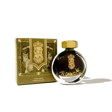 Ferris Wheel Press Peter Moss ink in a 38ml bottle, showcasing earthy green tones with a luxurious brass cap design.