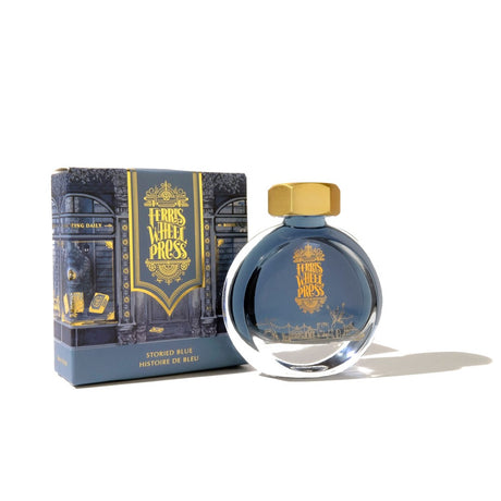 Ferris Wheel Press Storied Blue fountain pen ink in a 38ml decorative bottle, showcasing rich hues for elegant writing.