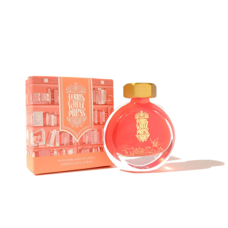 Ferris Wheel Press Wonderland Coral ink in a 38ml bottle with a stylish brass cap, showcasing vibrant, shaded coral tones.