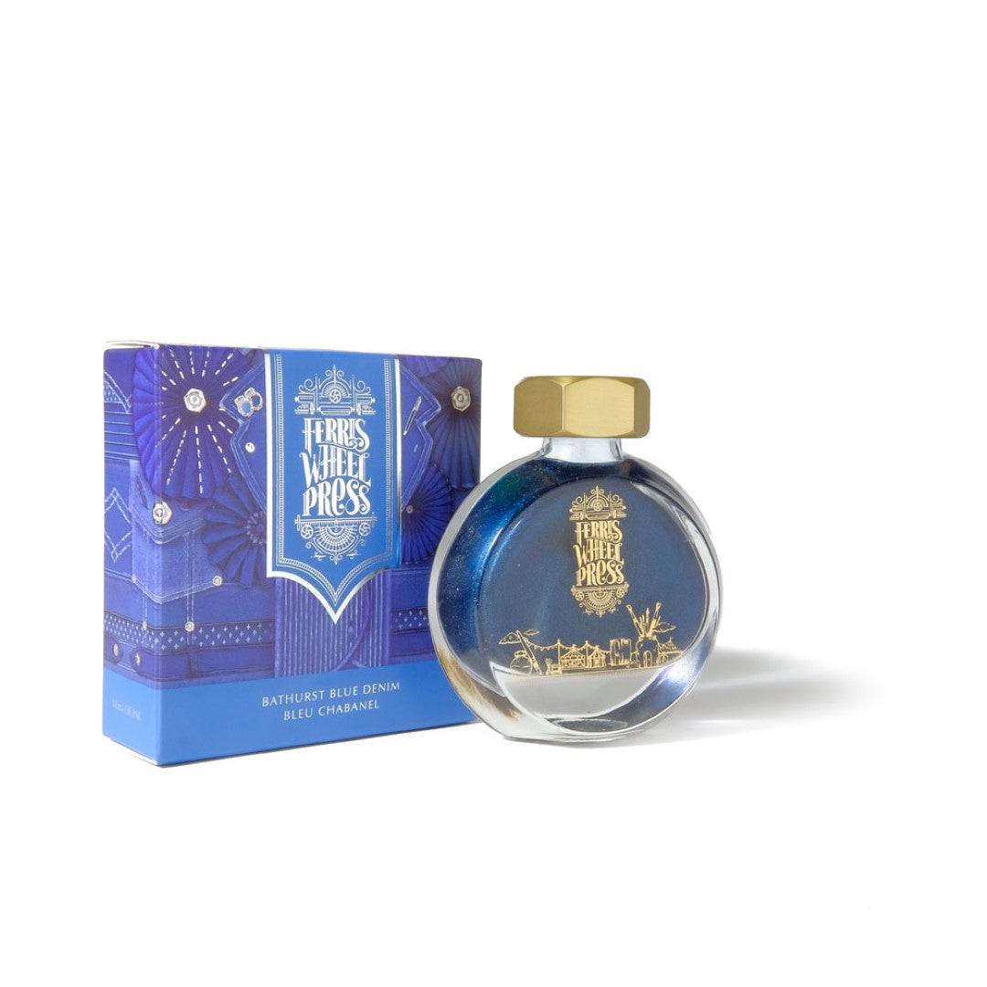 Bathurst Blue Denim fountain pen ink in a 38ml bottle, featuring a vibrant medium denim hue with sparkling silver undertones.